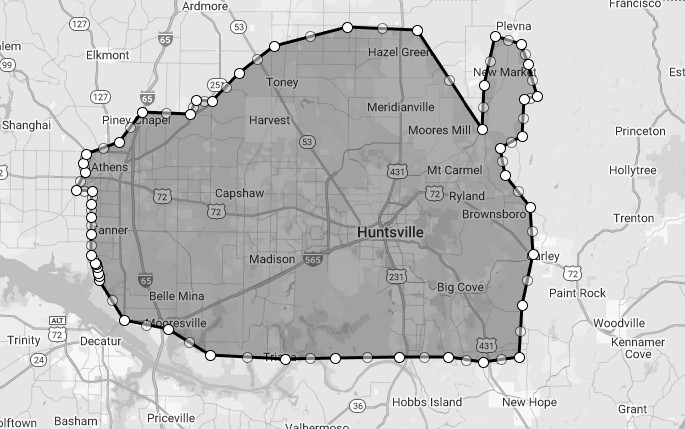 Huntsville Trash Can Cleaning Service Area Map